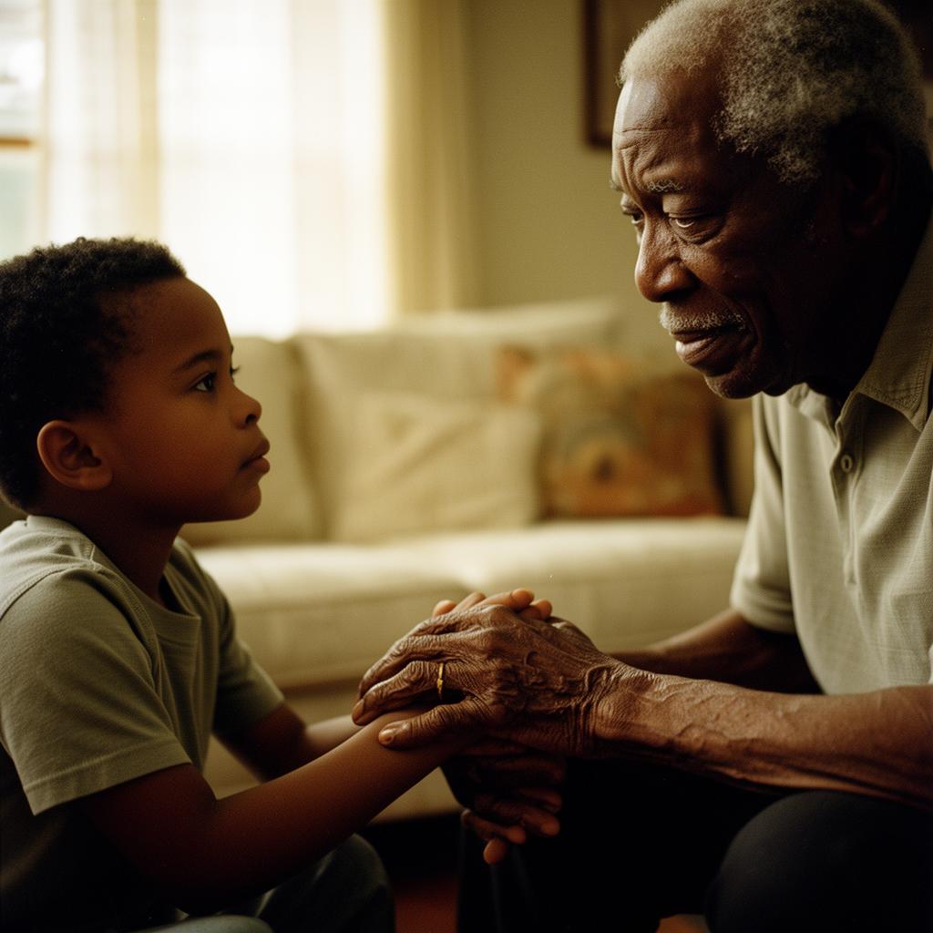 A grandfather holding his grandson's hands in a quiet living room