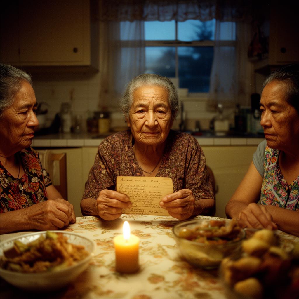 Three generations of a Latina family at a kitchen table with a handwritten recipe
