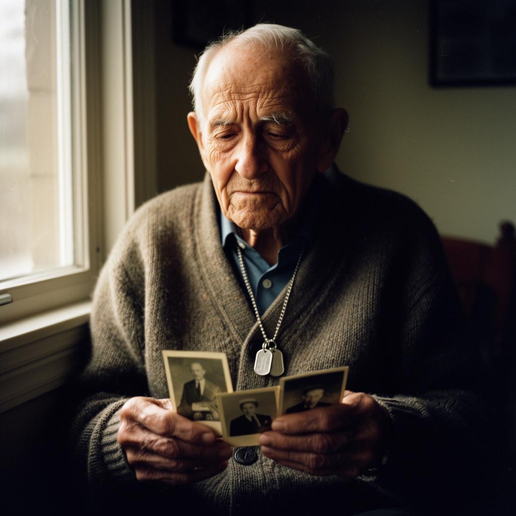 An elderly veteran holding faded photographs and dog tags by a window