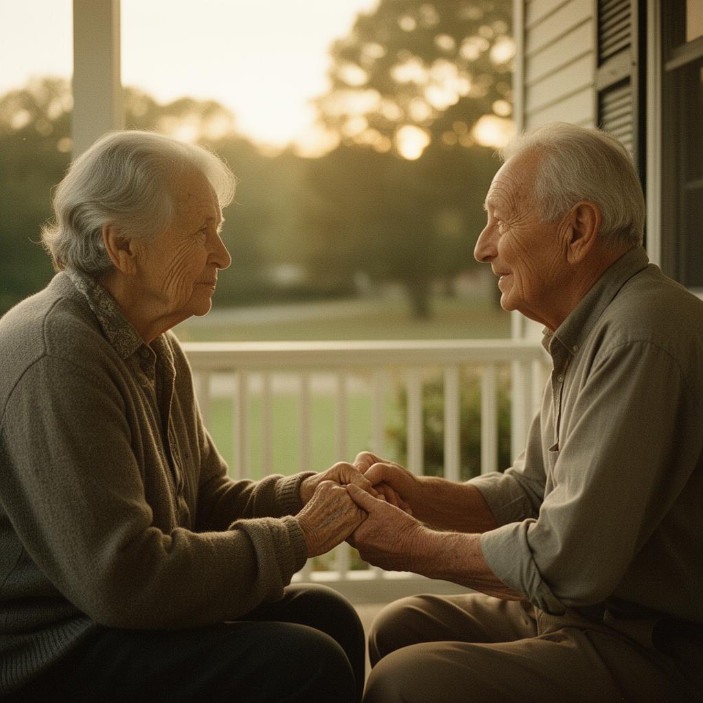 An older couple sitting together, looking back on a shared life