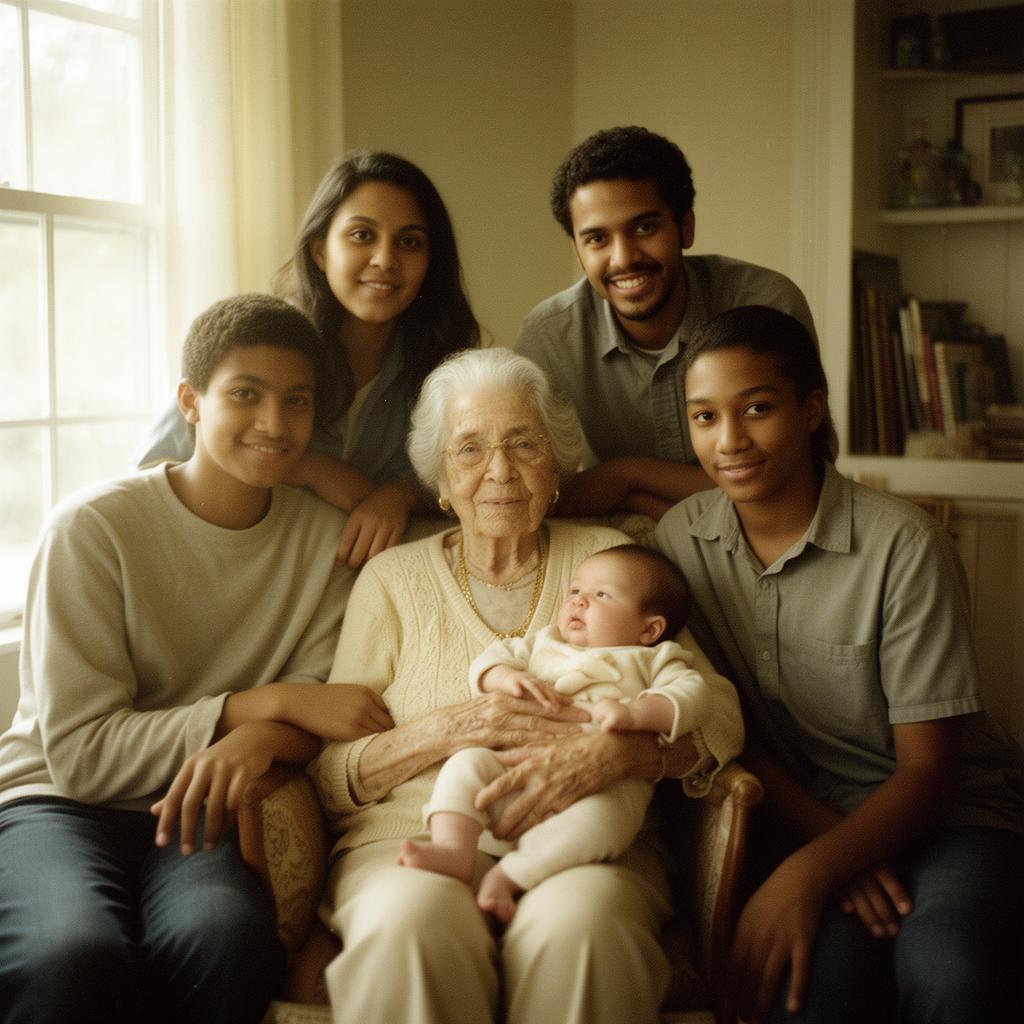 Four generations of a family gathered together at home